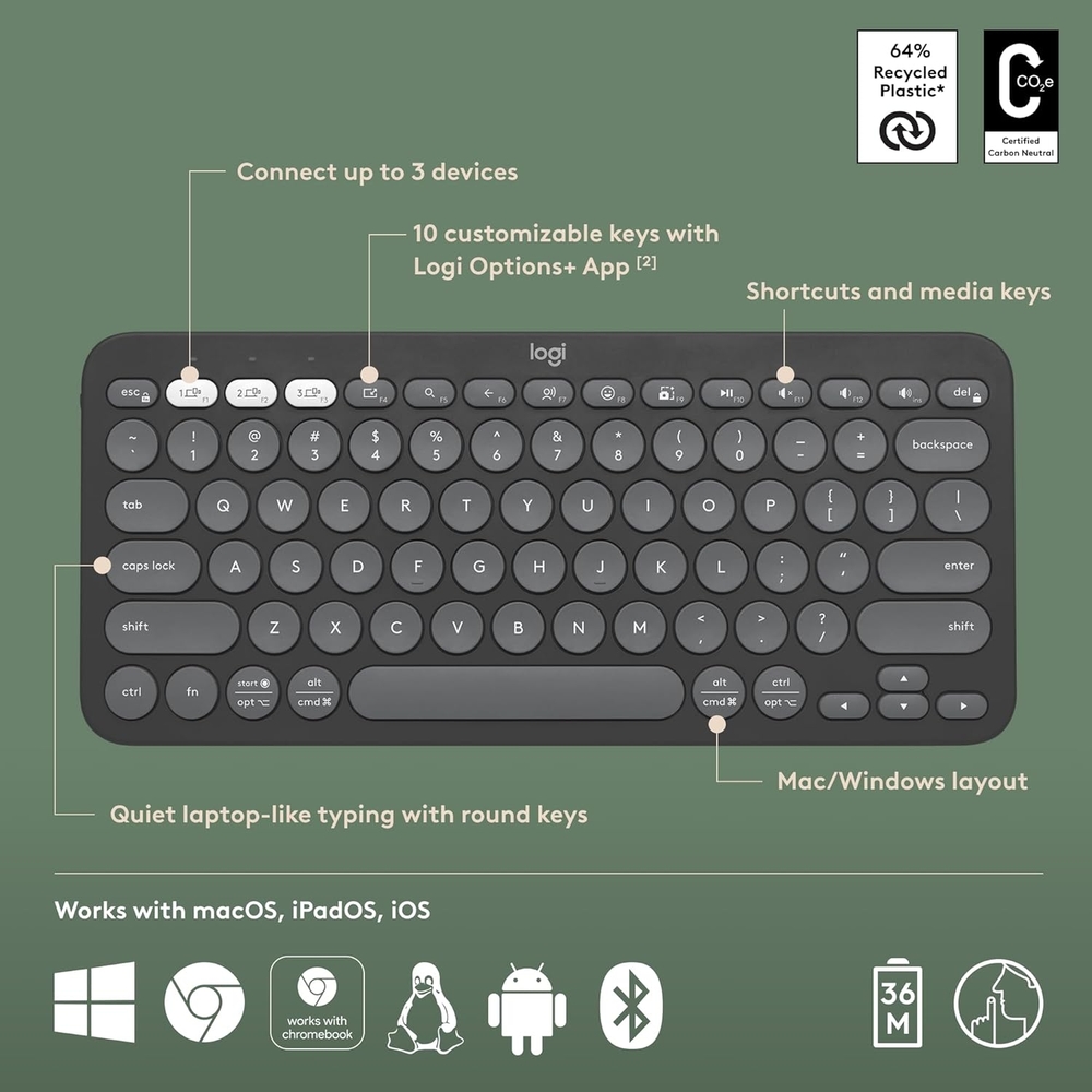 Logitech K380s Pebble Keys 2 Tonal Graphite - Slika 3
